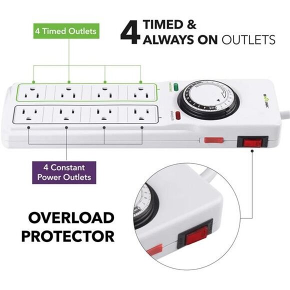 8 Outlet Surge Protector with Mechanical Timer - White - Picture 5 of 6